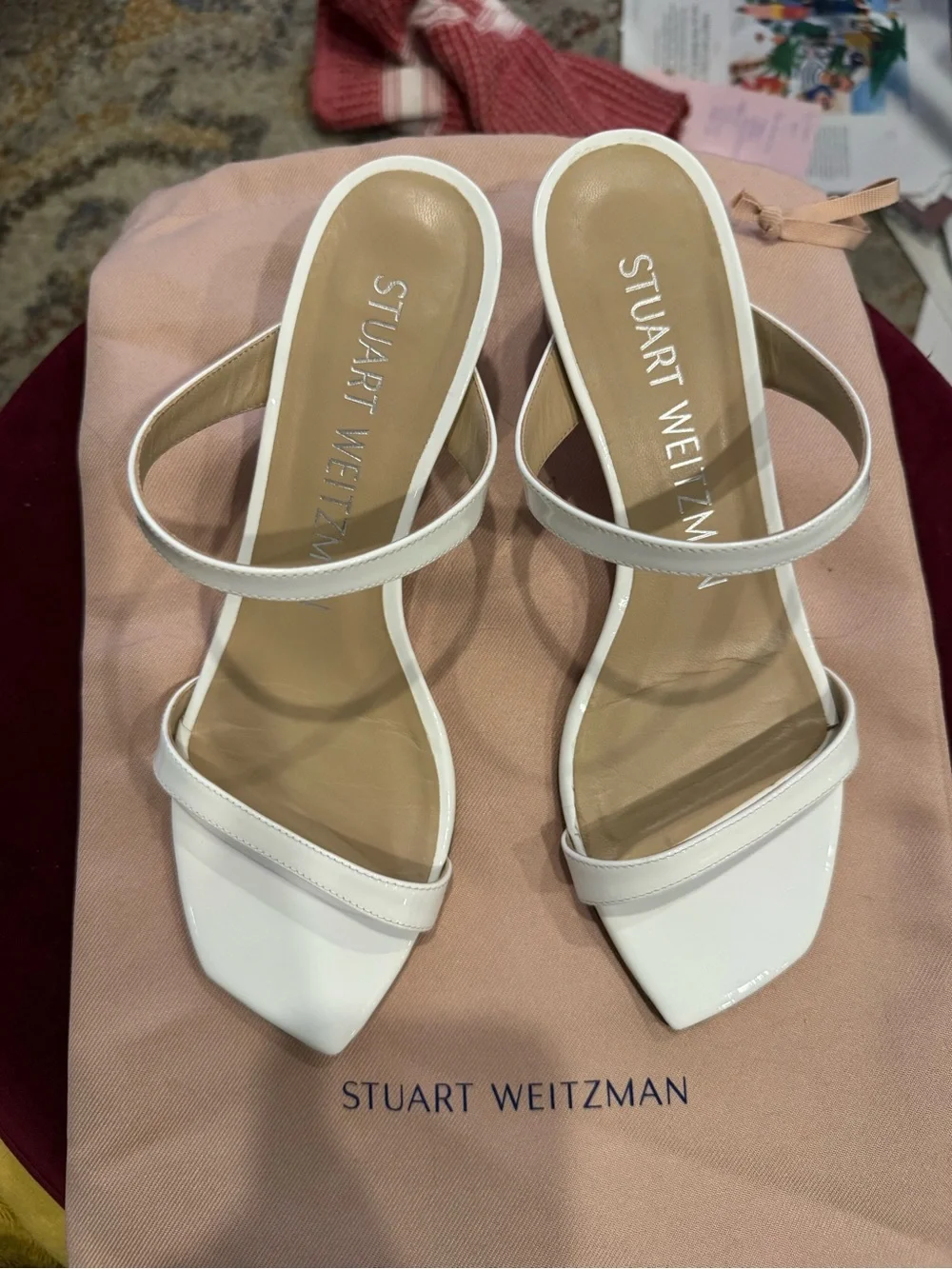 Stuart Weitzman White Double-Strap Square-Toe Heels - Picture 1 of 5